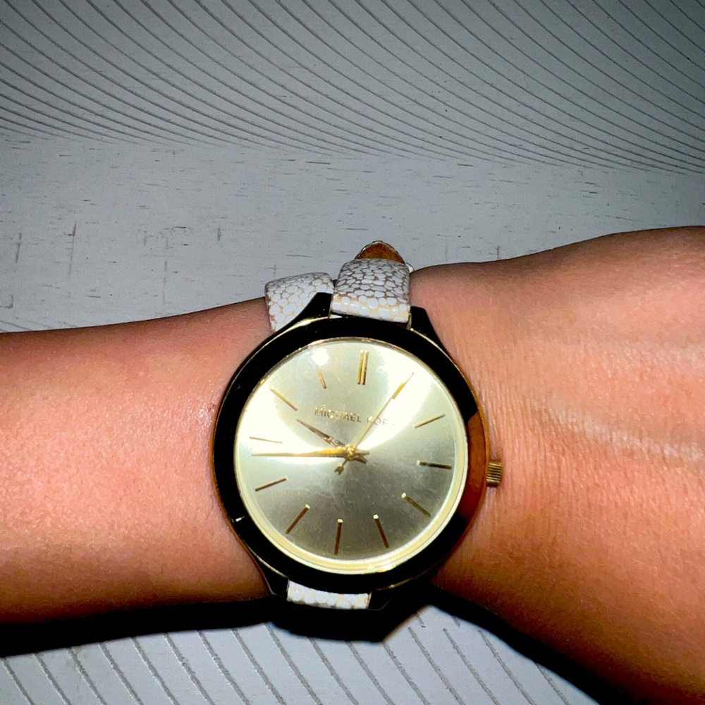 Michael Kors double wrap leather band white watch with gold face